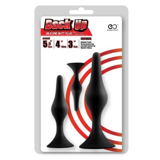 Комплект 3 силиконови анални тапи с вендуза, унисекс - Back Up 3/4/5.5 Silicone Butt Plug