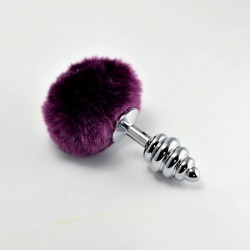 Метална анална тапа със спираловиден връх и пухкав помпон в лилав цвят – Spiral Pompon Purple