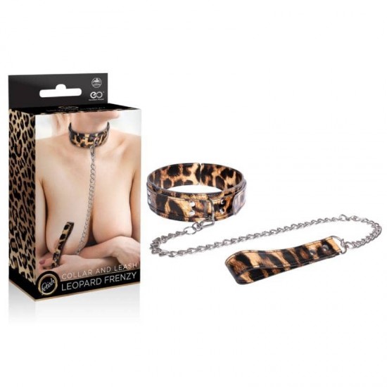 Leopard Frenzy Collar with Leash – регулируема БДСМ яка за врат, нашийник с верижка