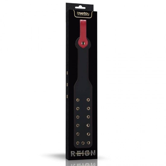 Двоен BDSM падъл с кухи нитове и силен звуков ефект – 15'' Rebellion Reign Paddle Dual-Branch Двоен BDSM падъл с кухи нитове и силен звуков ефект – 15'' Rebellion Reign Paddle Dual-Branch