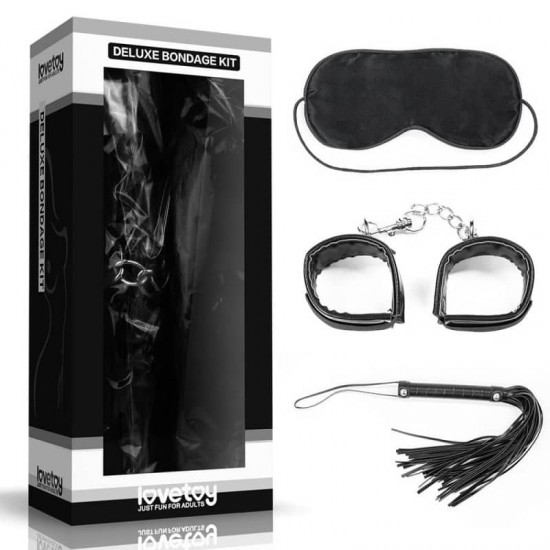 Комплект Кожени белезници, Камшик и Маска Deluxe Bondage Set