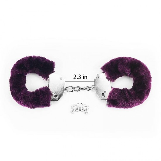 Пухкави белезници с ключета за палав контрол, лилави – Fetish Pleasure Fluffy Hand Cuffs Purple