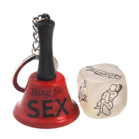 Секси сувенири – ключодържател камшик + звънче + зарче със секс пози 