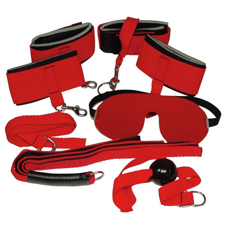 Червен БДСМ сет за връзване от 8 части секс комплект - меки белезници, камшик, топка за уста, маска за очи