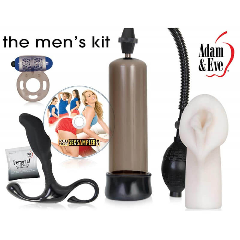 Секс играчки комплект за мъже All A Man Needs Kit by Adam & Eve - Пенис помпа за уголемяване, Изкуствена вагина за чикия, Простатен стимулатор за масаж на простатата, вибриращ пенис пръстен